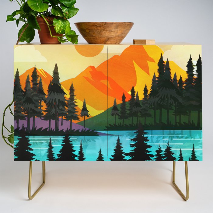Colorful sunset near the peaceful forest lake Credenza Gallery Image 1