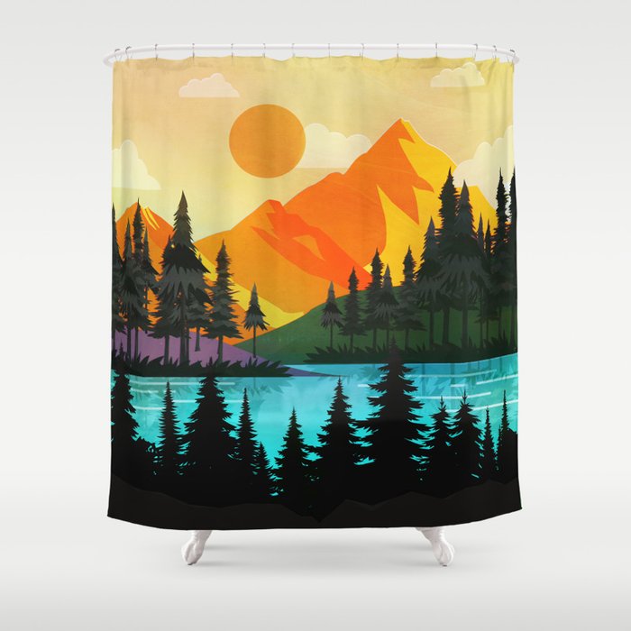Colorful sunset near the peaceful forest lake Shower Curtain Gallery Image 1