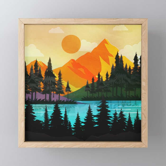 Colorful sunset near the peaceful forest lake Mini Art Print Gallery Image 1