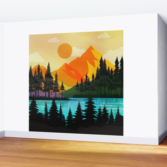 Colorful sunset near the peaceful forest lake Wall Mural Gallery Image 2
