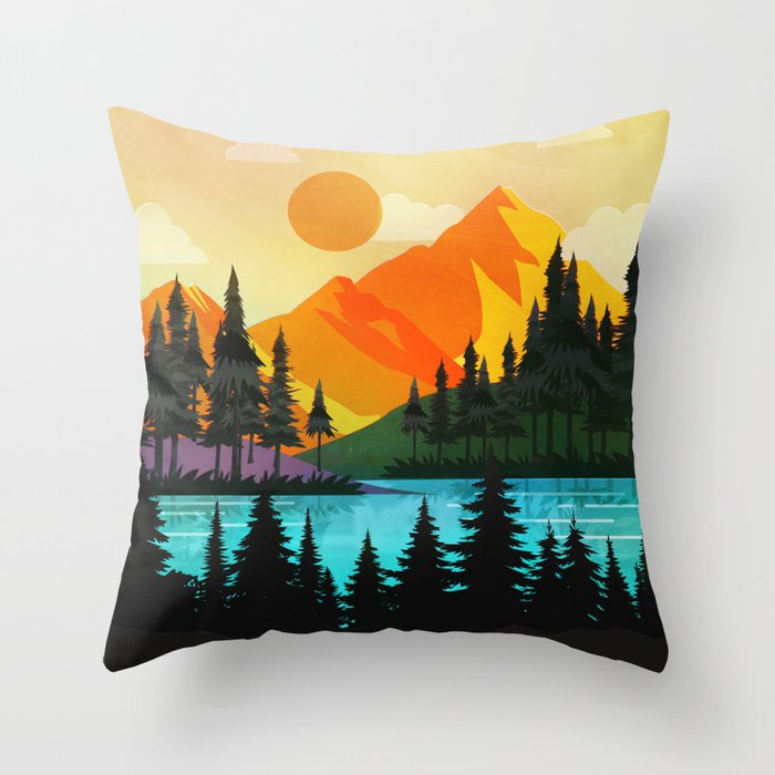 Colorful sunset near the peaceful forest lake Throw Pillow Gallery Image 6