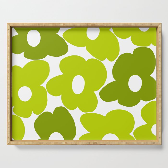 Large Retro Flowers Shades of Spring Green White Background #decor #society6 #buyart Serving Tray Gallery Image 1