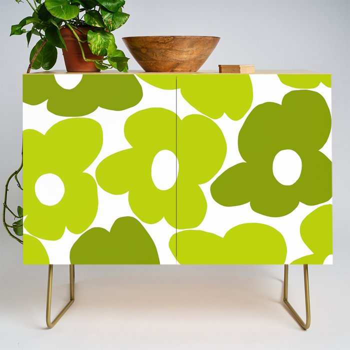Large Retro Flowers Shades of Spring Green White Background #decor #society6 #buyart Credenza Gallery Image 1