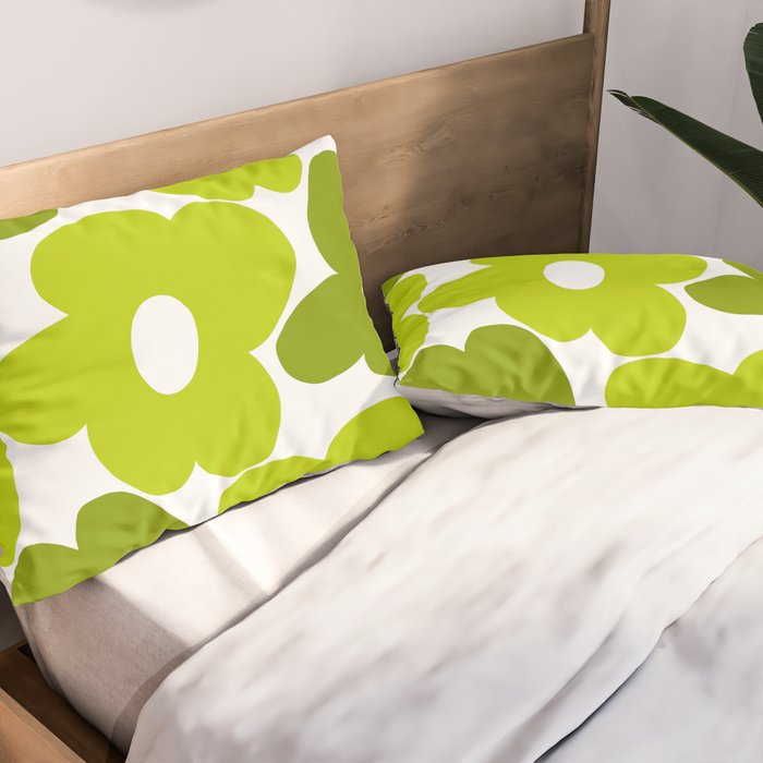 Large Retro Flowers Shades of Spring Green White Background #decor #society6 #buyart Pillow Sham Gallery Image 2