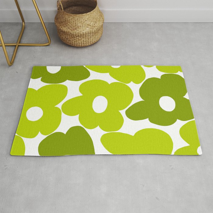 Large Retro Flowers Shades of Spring Green White Background #decor #society6 #buyart Rug Gallery Image 1