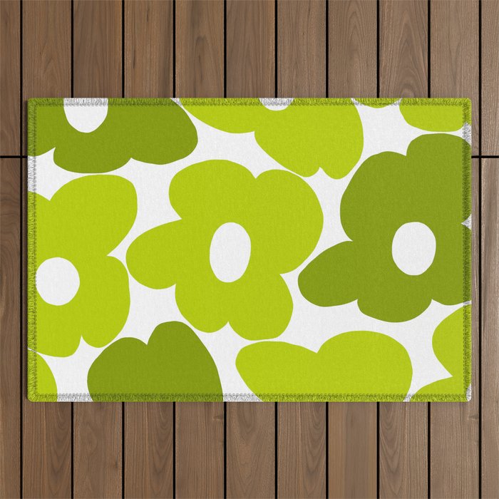 Large Retro Flowers Shades of Spring Green White Background #decor #society6 #buyart Outdoor Rug Gallery Image 1