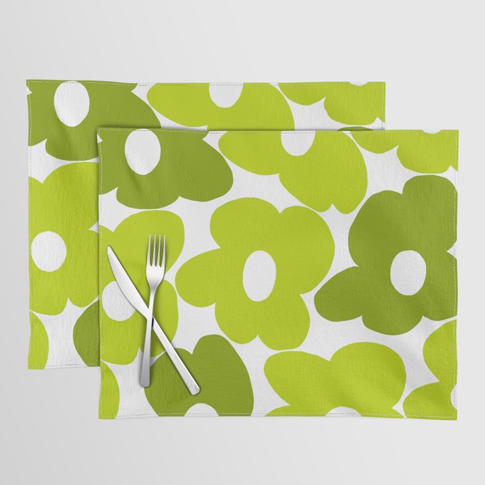 Large Retro Flowers Shades of Spring Green White Background #decor #society6 #buyart Placemat Gallery Image 1