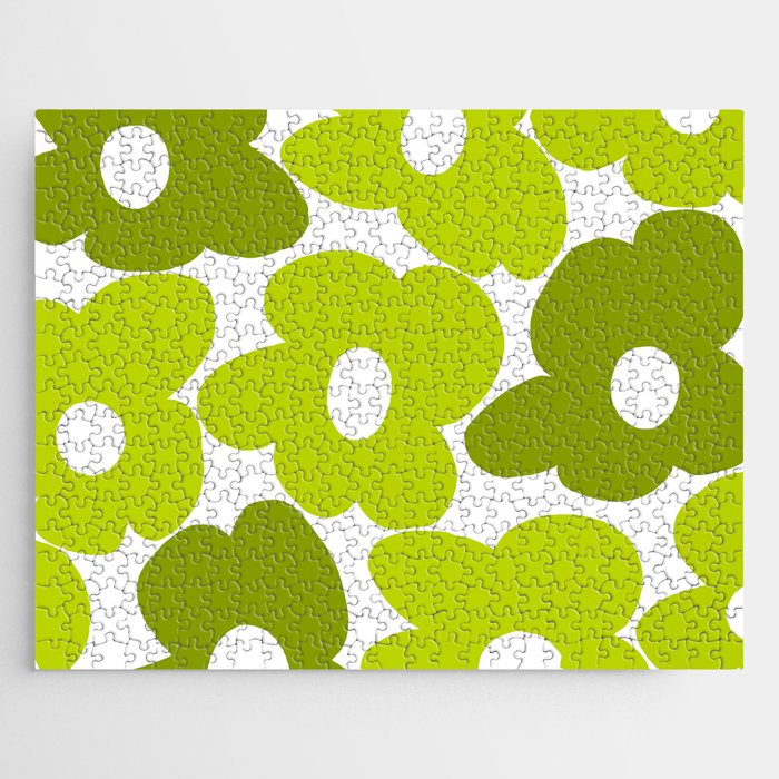 Large Retro Flowers Shades of Spring Green White Background #decor #society6 #buyart Jigsaw Puzzle Gallery Image 1