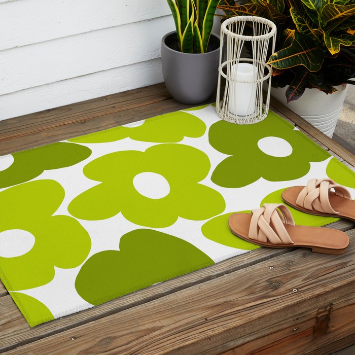 Large Retro Flowers Shades of Spring Green White Background #decor #society6 #buyart Outdoor Rug Gallery Image 2
