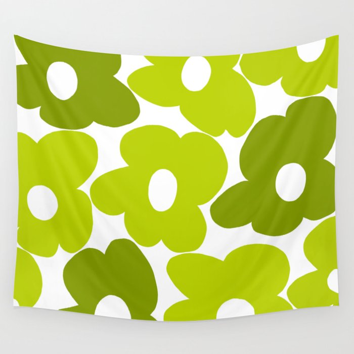 Large Retro Flowers Shades of Spring Green White Background #decor #society6 #buyart Wall Tapestry Gallery Image 1