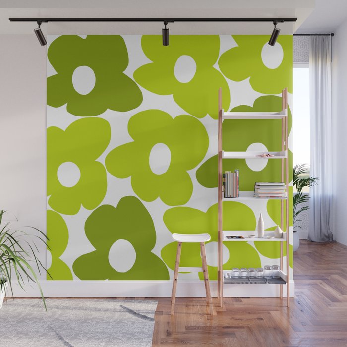 Large Retro Flowers Shades of Spring Green White Background #decor #society6 #buyart Wall Mural Gallery Image 1
