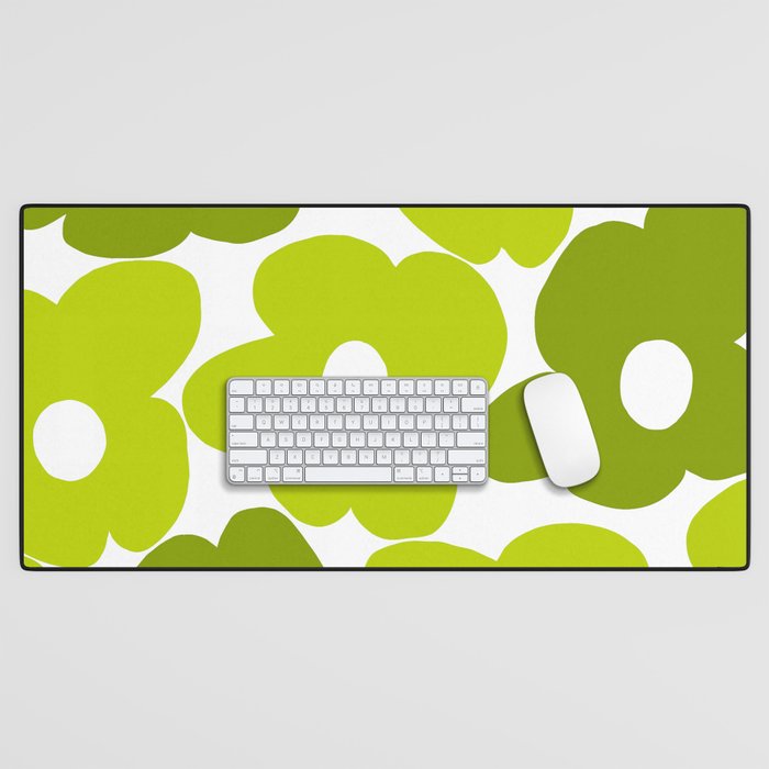 Large Retro Flowers Shades of Spring Green White Background #decor #society6 #buyart Desk Mat Gallery Image 1