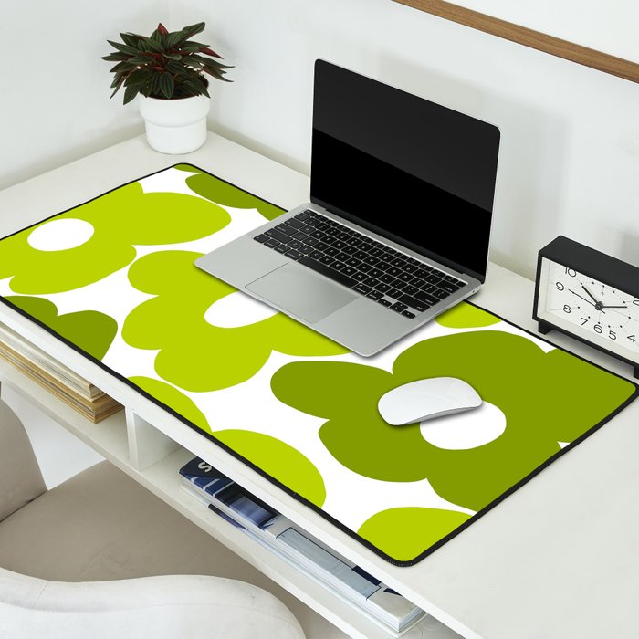 Large Retro Flowers Shades of Spring Green White Background #decor #society6 #buyart Desk Mat Gallery Image 2