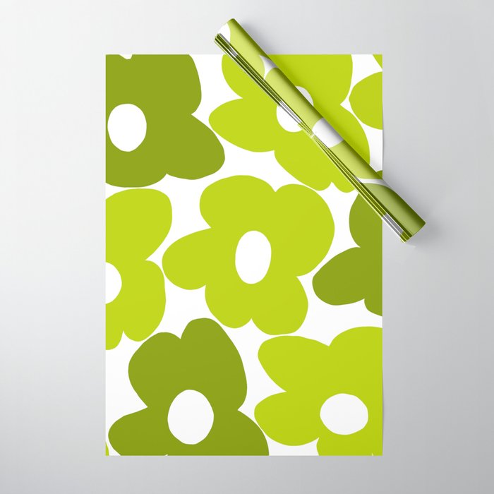 Large Retro Flowers Shades of Spring Green White Background #decor #society6 #buyart Wrapping Paper Gallery Image 1
