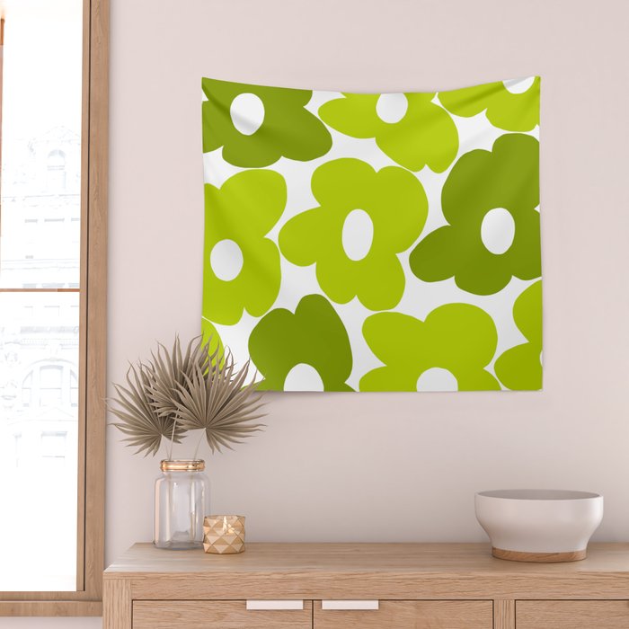 Large Retro Flowers Shades of Spring Green White Background #decor #society6 #buyart Wall Tapestry Gallery Image 2
