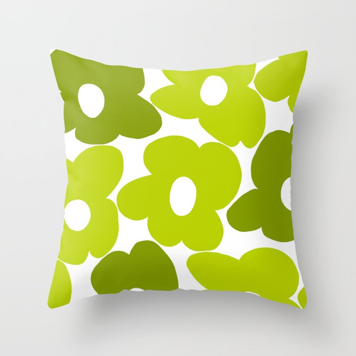 Large Retro Flowers Shades of Spring Green White Background #decor #society6 #buyart Throw Pillow Gallery Image 1