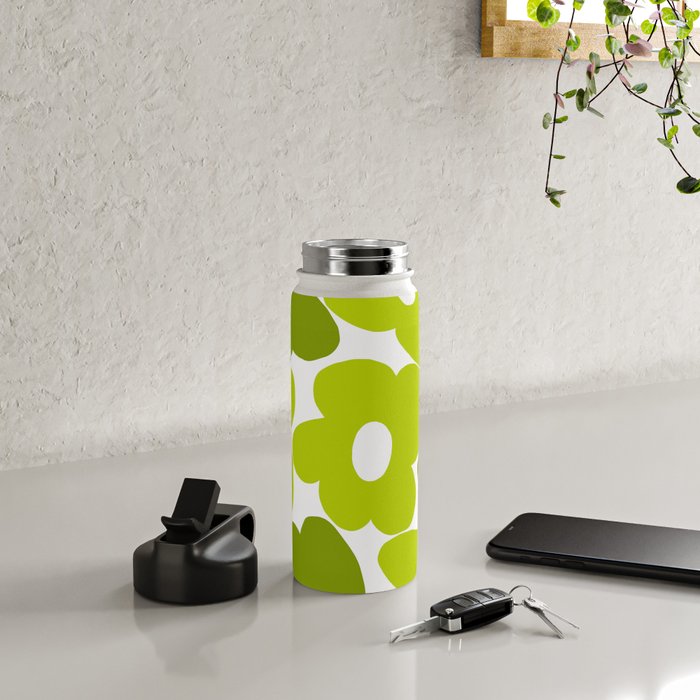 Large Retro Flowers Shades of Spring Green White Background #decor #society6 #buyart Water Bottle Gallery Image 4