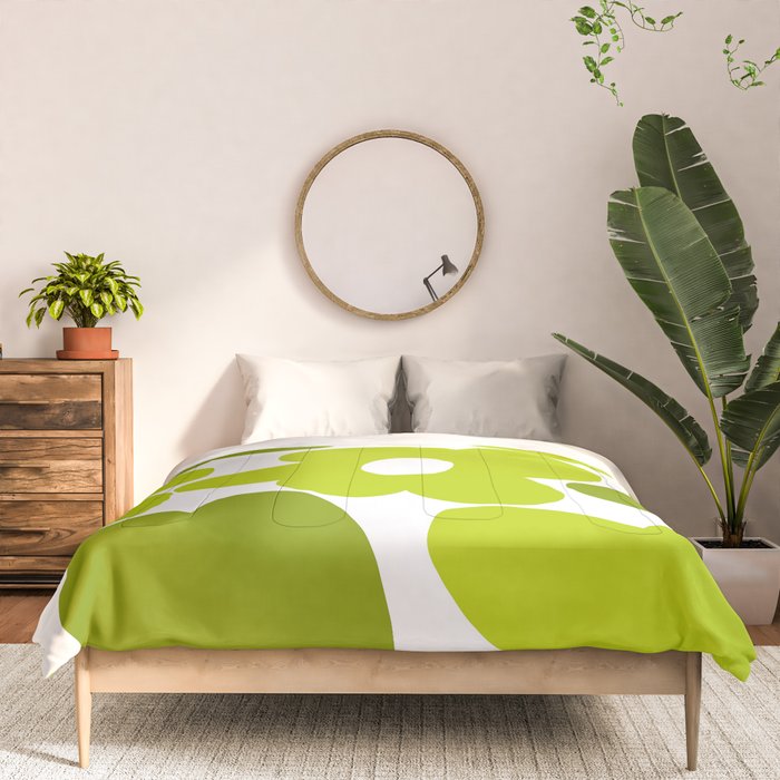 Large Retro Flowers Shades of Spring Green White Background #decor #society6 #buyart Comforter Gallery Image 3