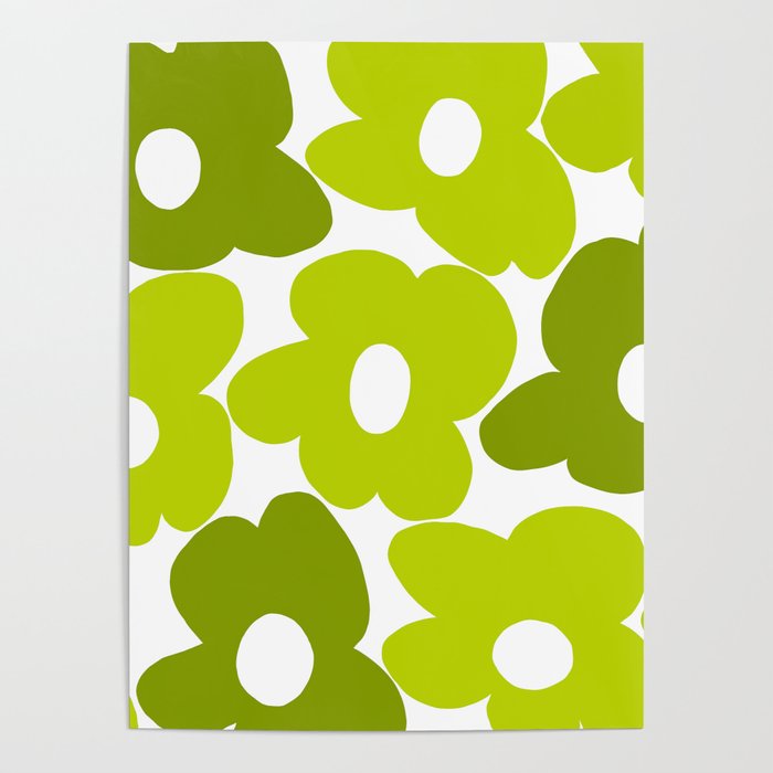 Large Retro Flowers Shades of Spring Green White Background #decor #society6 #buyart Poster Gallery Image 1
