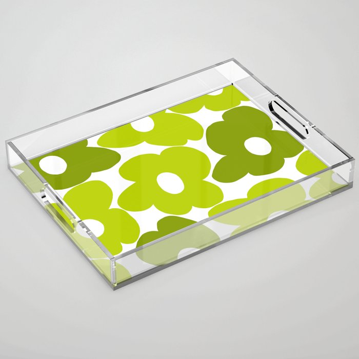 Large Retro Flowers Shades of Spring Green White Background #decor #society6 #buyart Acrylic Tray Gallery Image 1