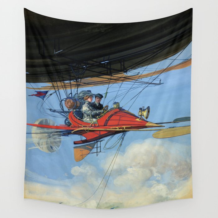 Futuristic Flight Journal Flying Machine Vintage Futurism Antique Illustration Wall Tapestry Gallery Image 4