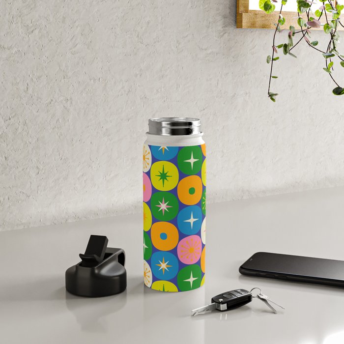 Mid Century Modern Atomic Future Colorful Modtastic Dots and Stars Pattern Water Bottle Gallery Image 4