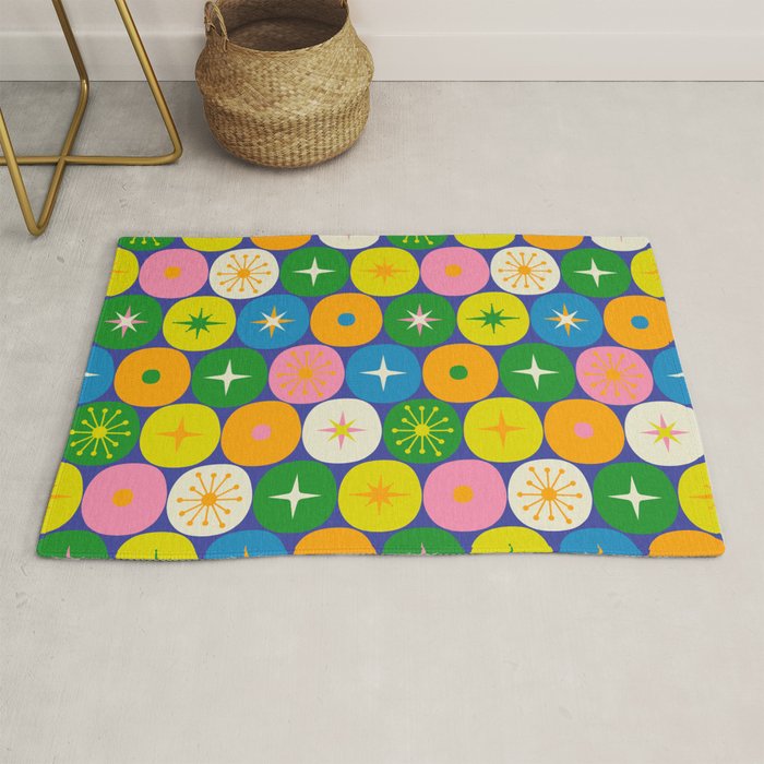 Mid Century Modern Atomic Future Colorful Modtastic Dots and Stars Pattern Rug Gallery Image 1