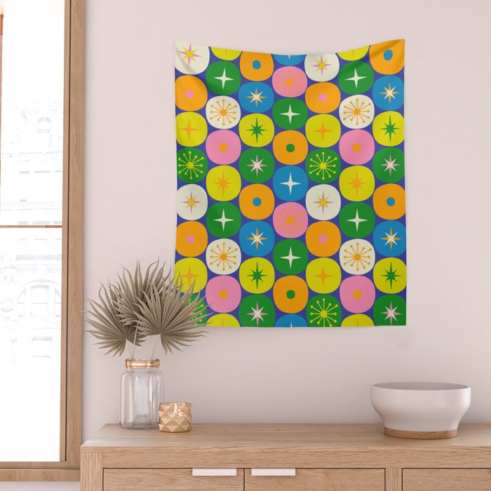Mid Century Modern Atomic Future Colorful Modtastic Dots and Stars Pattern Wall Tapestry Gallery Image 2
