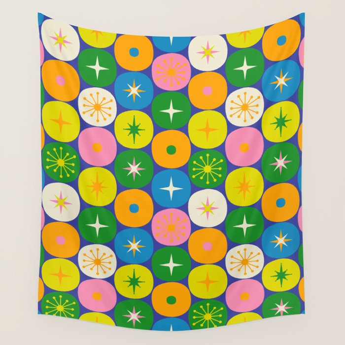 Mid Century Modern Atomic Future Colorful Modtastic Dots and Stars Pattern Wall Tapestry Gallery Image 4