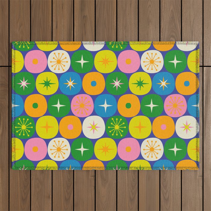 Mid Century Modern Atomic Future Colorful Modtastic Dots and Stars Pattern Outdoor Rug Gallery Image 1