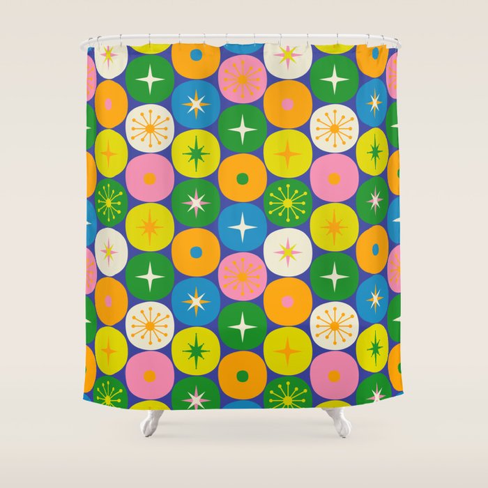 Mid Century Modern Atomic Future Colorful Modtastic Dots and Stars Pattern Shower Curtain Gallery Image 1