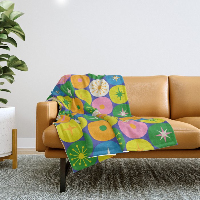 Mid Century Modern Atomic Future Colorful Modtastic Dots and Stars Pattern Throw Blanket Gallery Image 1