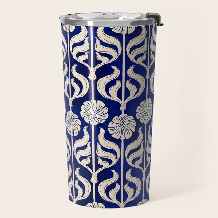 Art Deco Florals On Dark Blue Travel Mug Gallery Image 2
