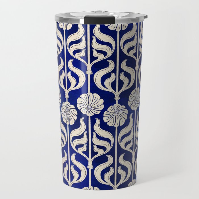 Art Deco Florals On Dark Blue Travel Mug Gallery Image 1
