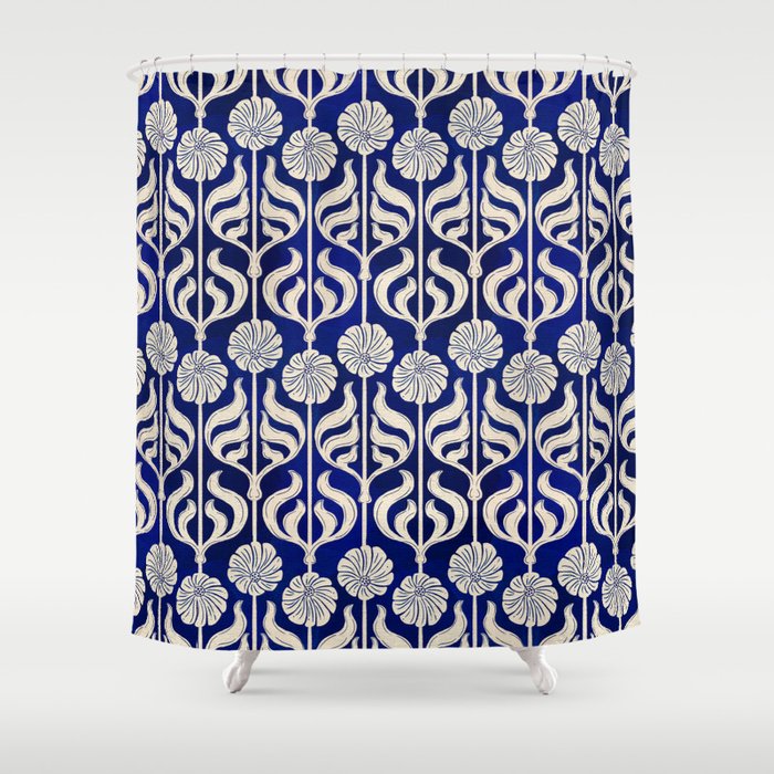 Art Deco Florals On Dark Blue Shower Curtain Gallery Image 1