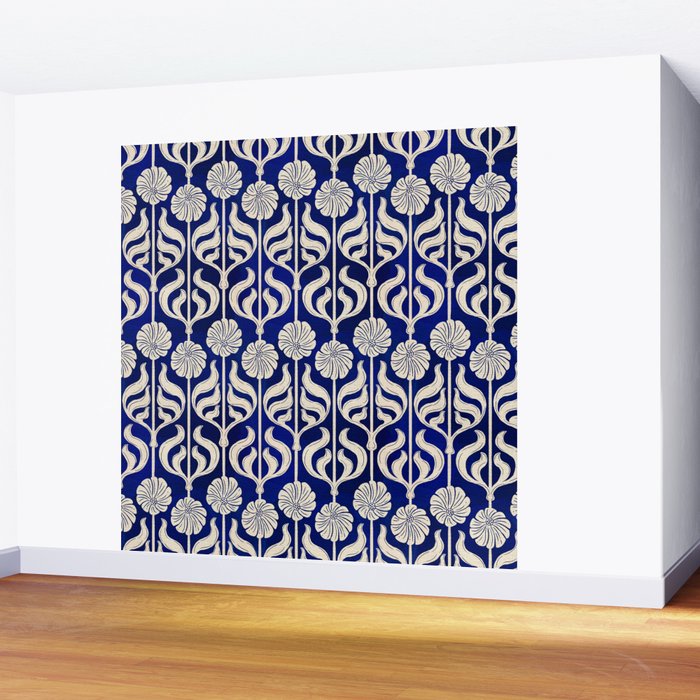 Art Deco Florals On Dark Blue Wall Mural Gallery Image 2