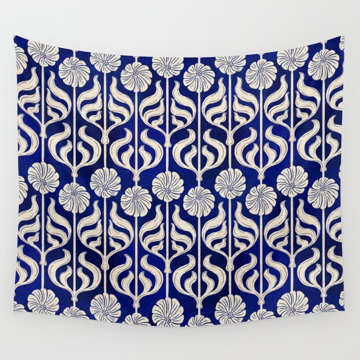 Art Deco Florals On Dark Blue Wall Tapestry Gallery Image 4