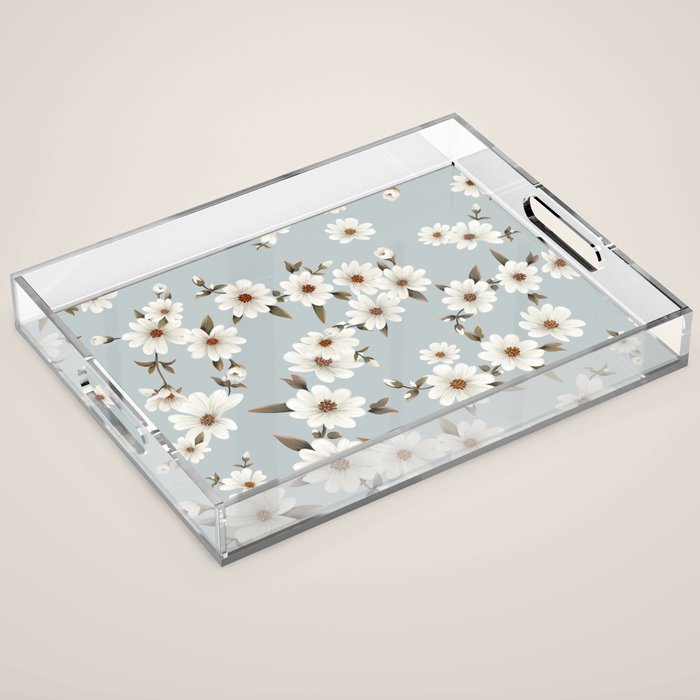 seamless pattern with daisies on a blue background Acrylic Tray Gallery Image 1