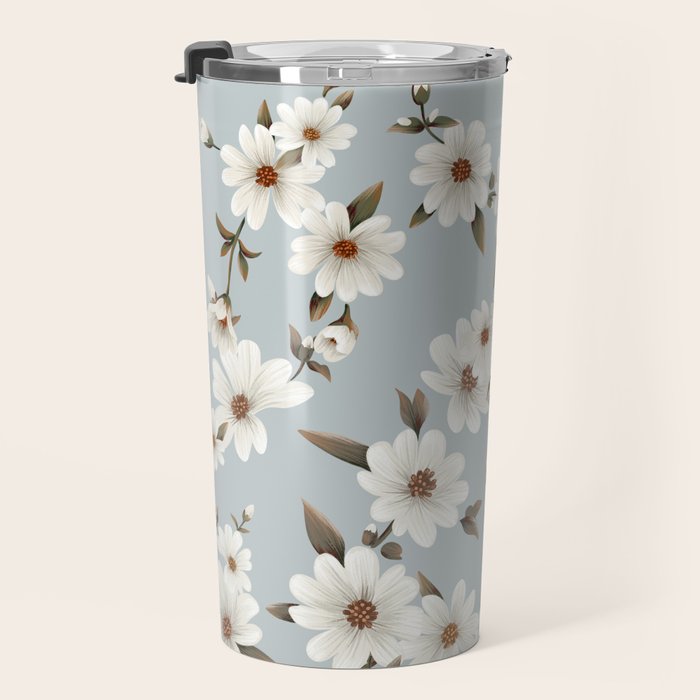 seamless pattern with daisies on a blue background Travel Mug Gallery Image 3