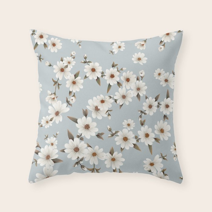seamless pattern with daisies on a blue background Throw Pillow Gallery Image 6