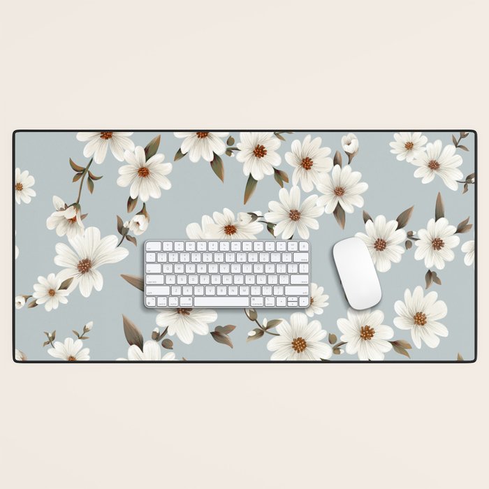 seamless pattern with daisies on a blue background Desk Mat Gallery Image 1