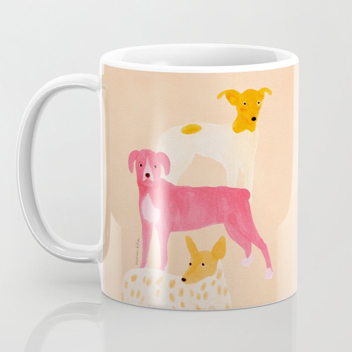 Three Dogs Lined Up - Yellow and Pink Coffee Mug Gallery Image 3