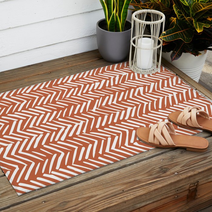 Boho, Abstract, Herringbone, Pattern, Terracotta Outdoor Rug Gallery Image 2