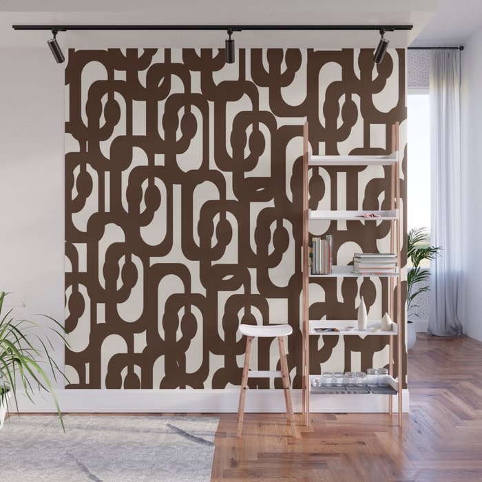 Mid Century Modern Loop Pattern in Dark Chocolate Brown and Cream Wall Mural Gallery Image 1