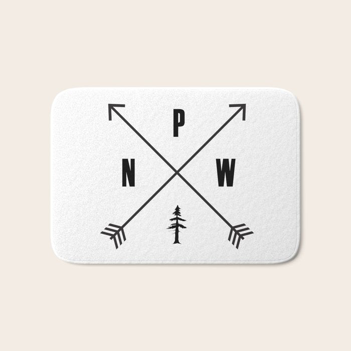 PNW Pacific Northwest Compass - Black on White Minimal Bath Mat Gallery Image 1