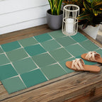 Flux Midcentury Modern Check Grid Pattern in Jade Green Outdoor Rug Gallery Image 2