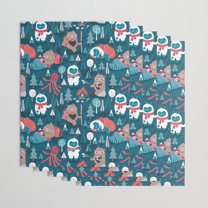 Besties // blue background white Yeti brown Bigfoot blue pine trees red and coral details Wrapping Paper Gallery Image 3