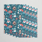 Besties // blue background white Yeti brown Bigfoot blue pine trees red and coral details Wrapping Paper Gallery Image 3
