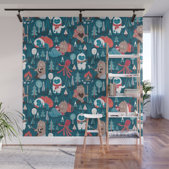 Besties // blue background white Yeti brown Bigfoot blue pine trees red and coral details Wall Mural Gallery Image 1