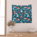 Besties // blue background white Yeti brown Bigfoot blue pine trees red and coral details Wall Tapestry Gallery Image 2